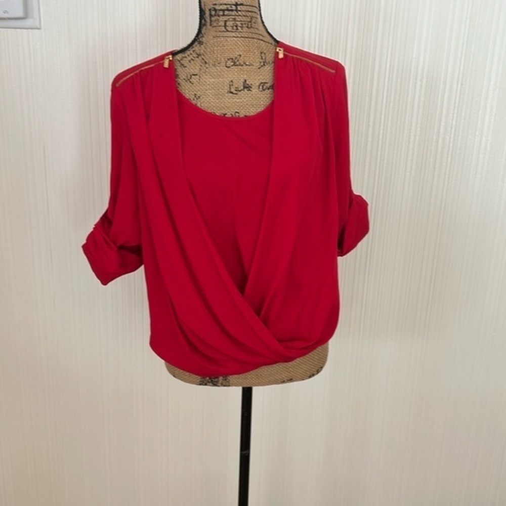 Calvin Klein Red Draped Blouse with Gold Accents